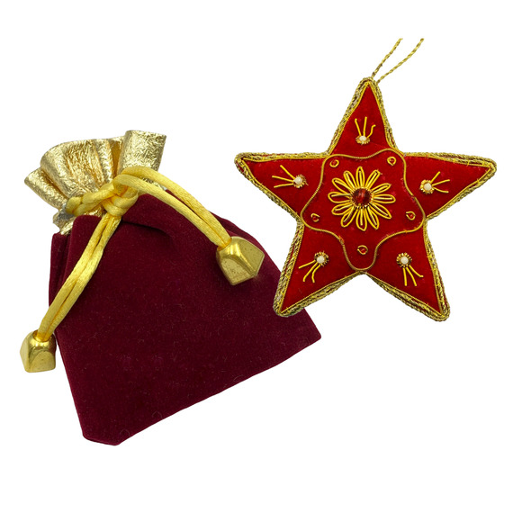 Zari Red Star Christmas Ornament, Zardozi Embroidery, Gift Bag - Picture 2 of 5